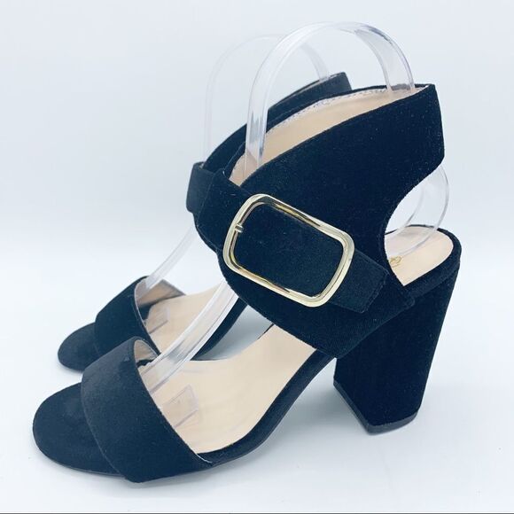 Qupid Women’s Velvet Wide Strap Chunky Heel Sandals in Black Sz 7 - Picture 14 of 15